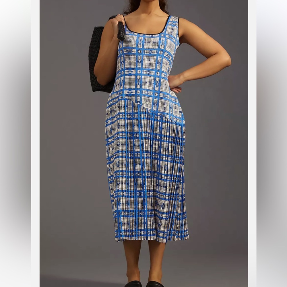 Anthropologie Dhruv Kapoor Plaid Midi Dress Blue White Plaid NWT 2X